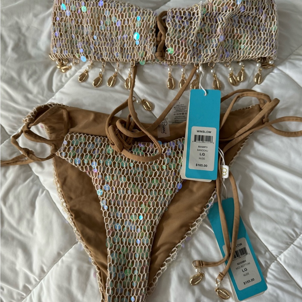 TOP only New Brown Sequin Bikini with Gold Accents